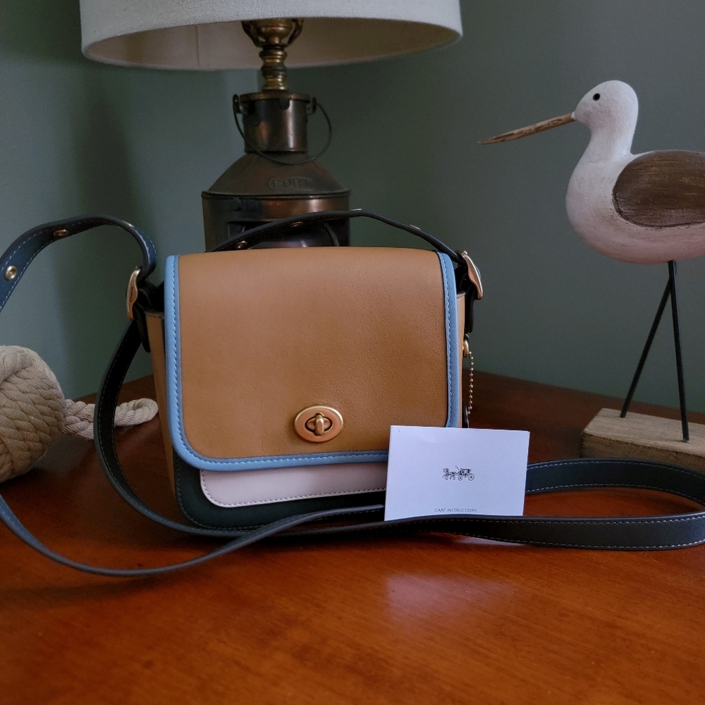 Coach 89126 Rambler 16 Colorblock Tan Blue Pink Leather Crossbody Bag